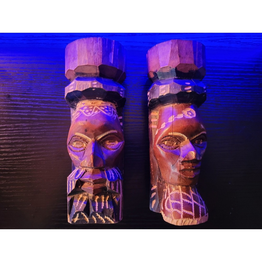 Tiki Wood Statue Figurines Hand Carved Jamaica Wood Male & Female VTG 1999 6in